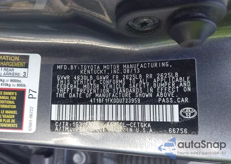 2013 Toyota Camry L/Se/Le/Xle from USA, damaged, VIN 4T1BF1FK0DU723959
